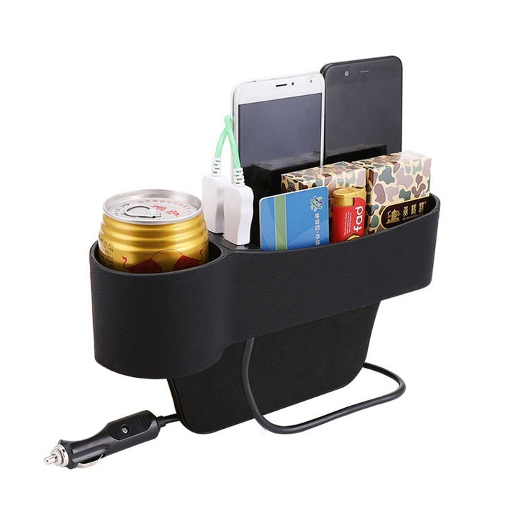 Organizator auto cu suport pahar, 2 x port USB, negru