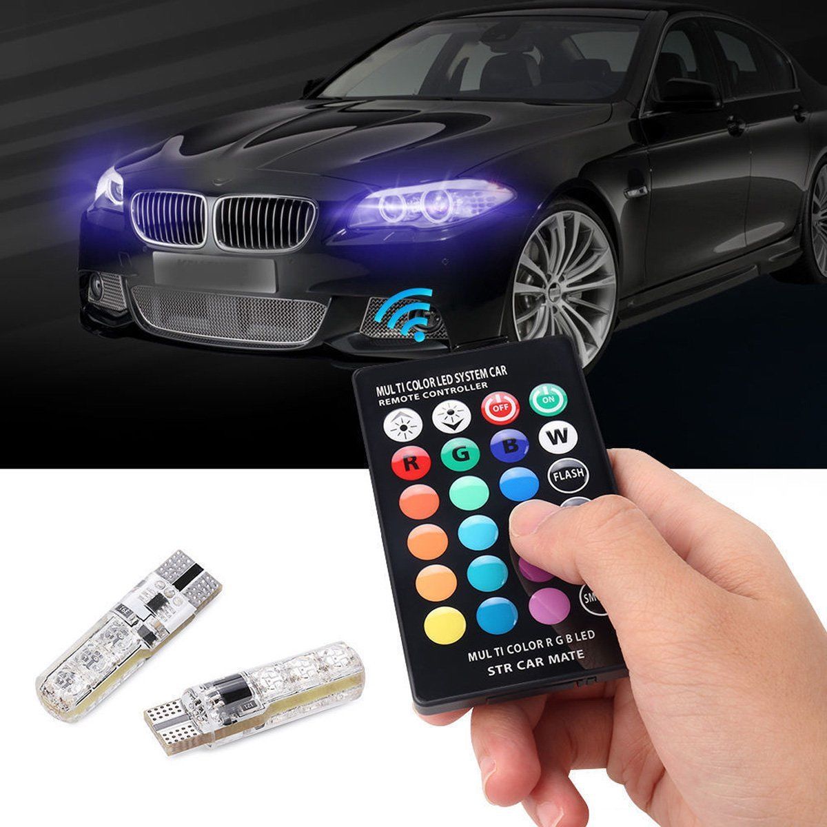 Set 2 becuri LED auto T10, 12 culori, telecomanda