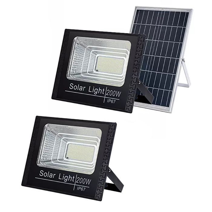 Set 2 proiectoare LED cu panou solar, senzor lumina, 200W
