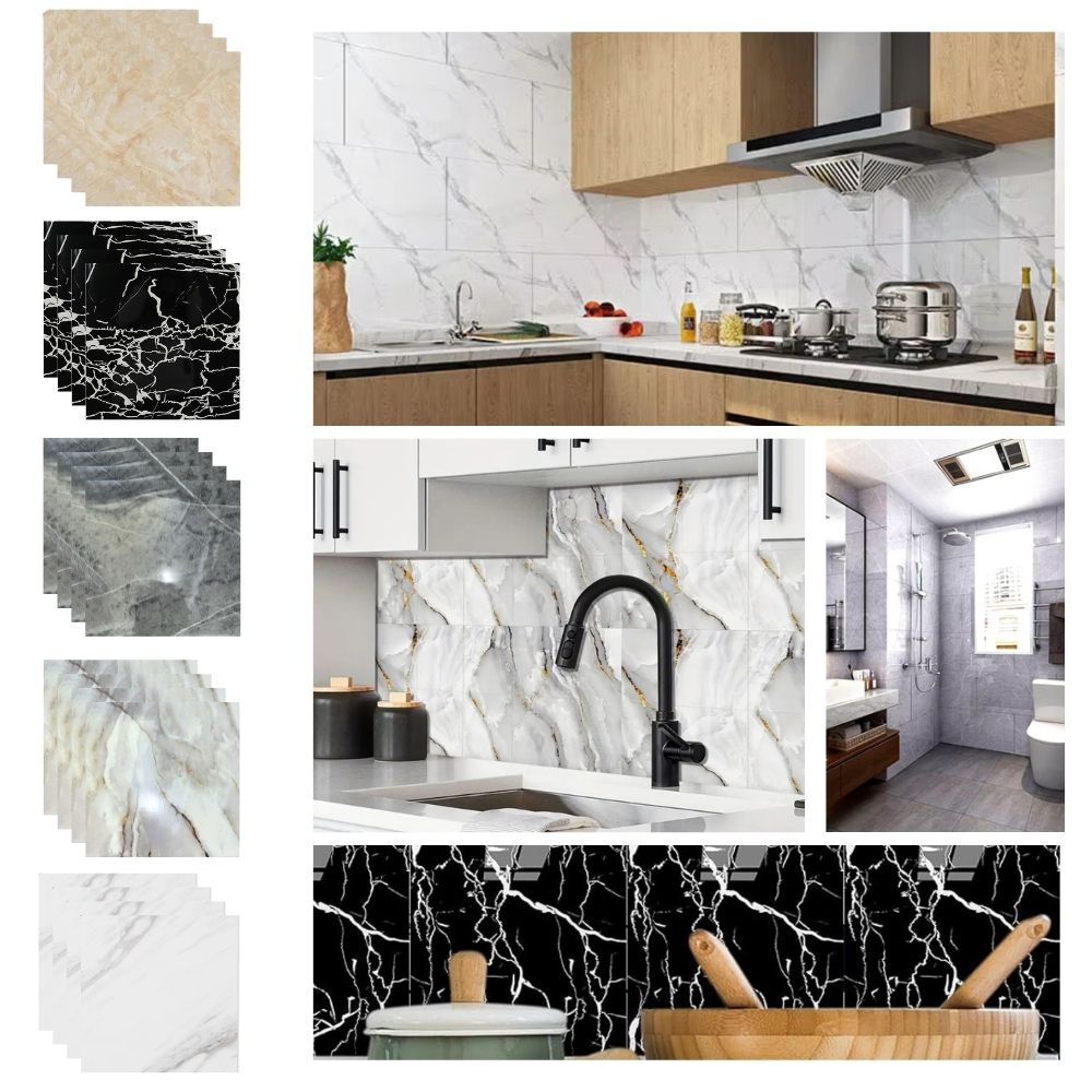 Set 4 placi decorative autoadezive, aspect marmorat, 60x60cm, PVC