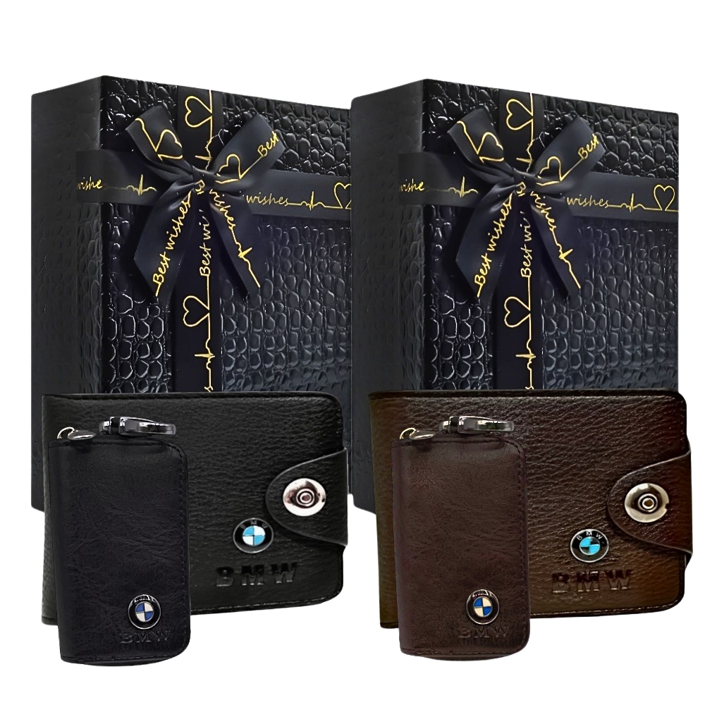 Set portofel sigla BMW, husa chei, cutie cadou, negru/maro